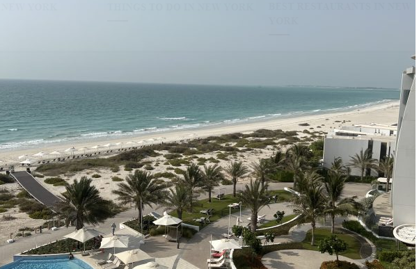 Beachfront view of Saadiyat Island in Abu Dhabi with palm trees and resort, covered by our car towing service